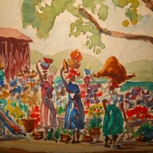 VINTAGE 1950s watercolor of ladies in food picnic area, signed